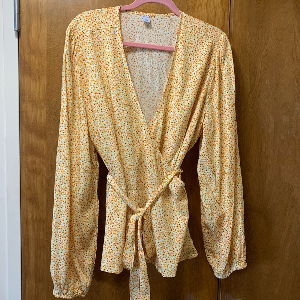 Wraparound long sleeve blouse flower print cottage core boho SZ XL